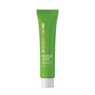 A bottle of Dr. Goldfaden's Needle-less smoothing serum with a white and green label, indicating it is a product designed to reduce fine lines and wrinkles.